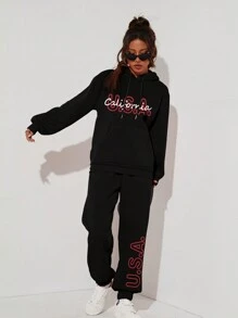 INAWLY Letter Graphic Drawstring Hoodie & Sweatpants - Black - View 6
