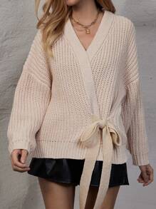 SHEIN LUNE Drop Shoulder Knot Side Wrap Cardigan - Apricot - View 1