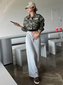 DAZY Camo Print Drop Shoulder Crop Denim Jacket - Army Green - View 7
