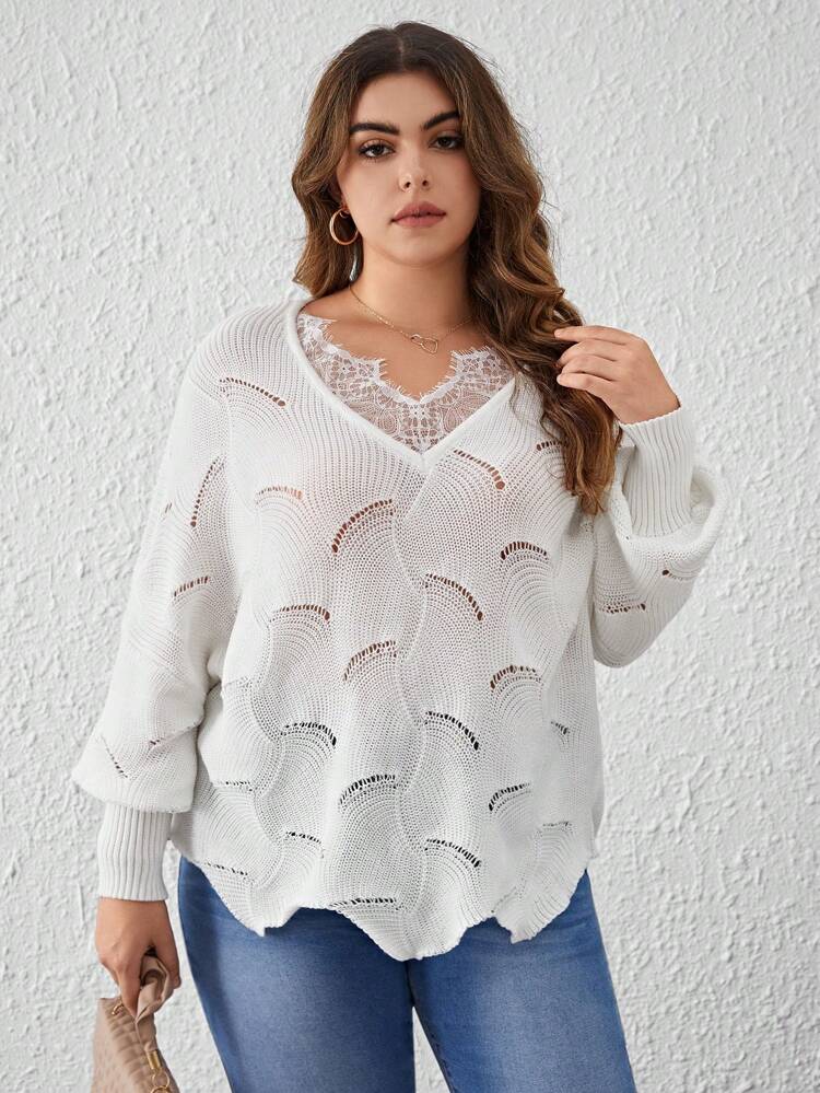 Plus Eyelash Lace Trim Batwing Sleeve Pointelle Knit Sweater