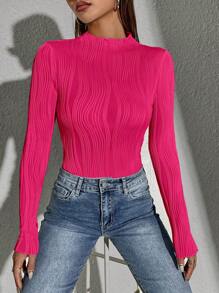 SHEIN Essnce Camiseta unicolor ribete en forma de lechuga de cuello alto - Rosa Fucsia - Ver 5