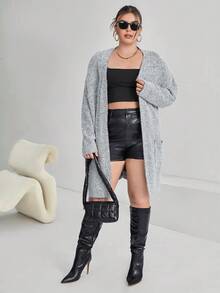 SHEIN Essnce Áo khoác cardigan thả vai cỡ lớn - Xám - Xem 5