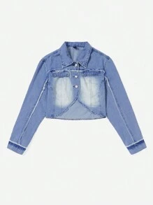 SHEIN EZwear 毛邊緣短款牛仔夾克 - 中等水洗藍 - 查看 3