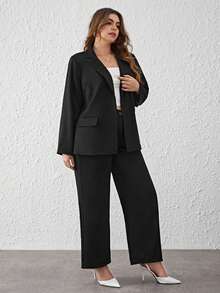 SHEIN Privé Blazer unicolor con pantalones anchos - Negro - Ver 3