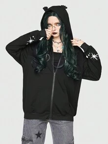 Mariexvx 蝙蝠與月亮印花落肩連帽衫 - 黑色 - 查看 6