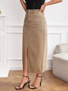 SHEIN EZwear 休閒口袋 不收邊 拉鍊純色女士牛仔半身裙 - 卡其色 - 查看 3