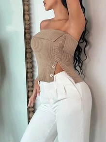 SHEIN SXY 紐扣細節下擺開叉抹胸針織上衣 - 卡其色 - 查看 4