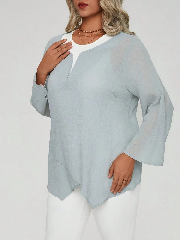 Plus Contrast Panel Asymmetrical Hem Blouse