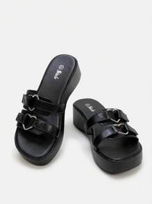 SheIn ICON Quý cô Đúng mốt Ngoài trời Giải trí Dép xăng đan Với Kim loại Hình trái tim Đồ trang trí - màu đen - Xem 4