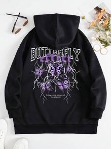 SHEIN EZwear Plus Size Lightning & Letter Graphic Drawstring Thermal Lined Sweatshirt - Black - View 1