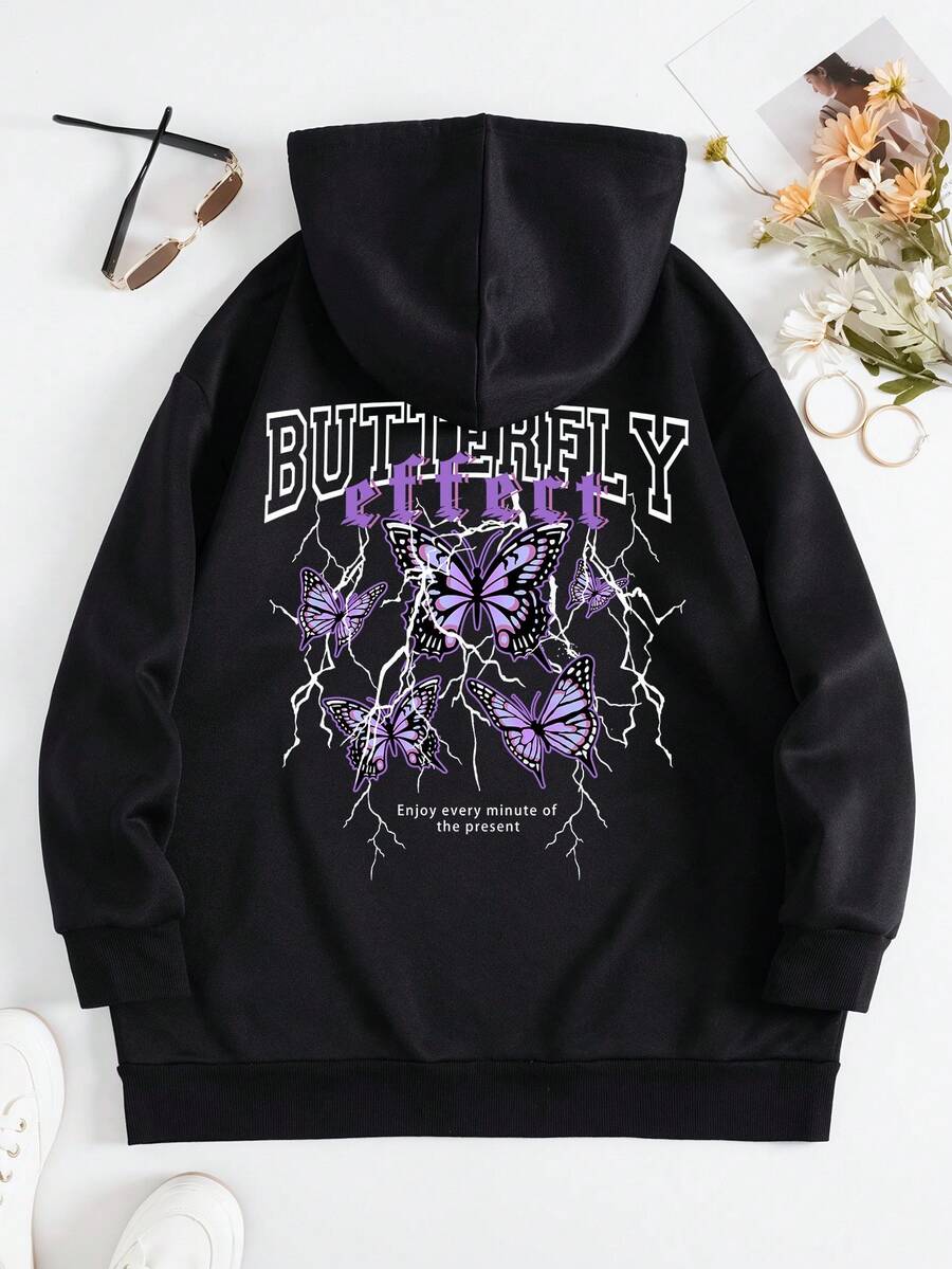 SHEIN EZwear Plus Size Lightning & Letter Graphic Drawstring Thermal Lined Sweatshirt - Black - View 1