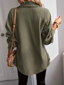 Flap Detail Drop Shoulder Corduroy Shirt - Green - View 2