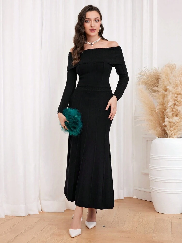 Off Shoulder Knit Top & Knit Skirt 2 Piece Set