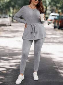 SHEIN LUNE Plus Split Hem Belted Tee & Leggings - Grey - View 6
