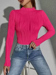 SHEIN Essnce Camiseta unicolor ribete en forma de lechuga de cuello alto - Rosa Fucsia - Ver 1