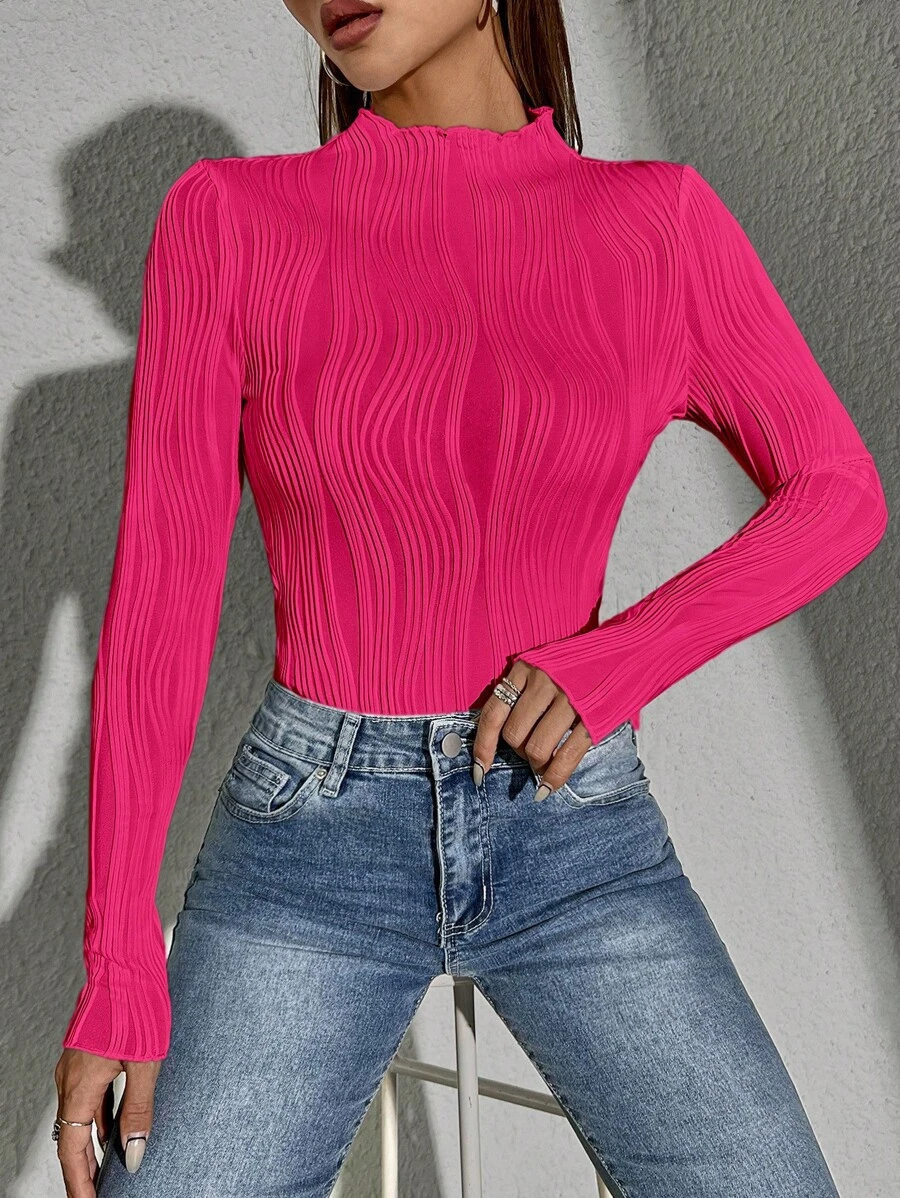 SHEIN Essnce Camiseta unicolor ribete en forma de lechuga de cuello alto - Rosa Fucsia - Ver 1