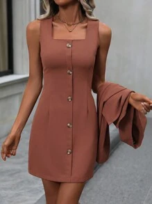 SHEIN Privé Chất rắn Váy Dây & Ngực đơn Áo vest - màu nâu - Xem 6