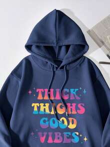 Men Slogan Graphic Drawstring Thermal Lined Hoodie - Royal Blue - View 4