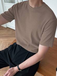 DAZY 男士素色條紋針織T恤 - 卡其色 - 查看 3