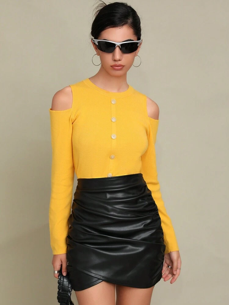 Cold Shoulder Button Detail Ribbed Knit Sweater