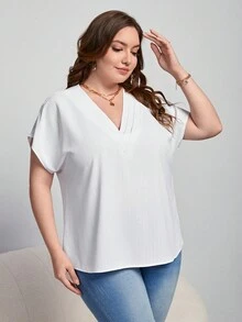 SHEIN Essnce 大碼素色蝙蝠袖襯衫 - 白色 - 查看 6