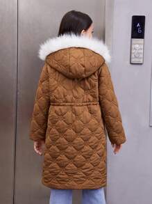 SHEIN Tween Girl Fuzzy Trim Hooded Drawstring Waist Padded Coat