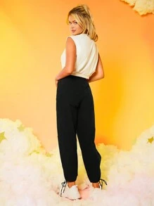 SHEIN X Care Bears Streetz SHEIN Sport Letter Graphic Drawstring Waist Sports Pants - Black - View 2