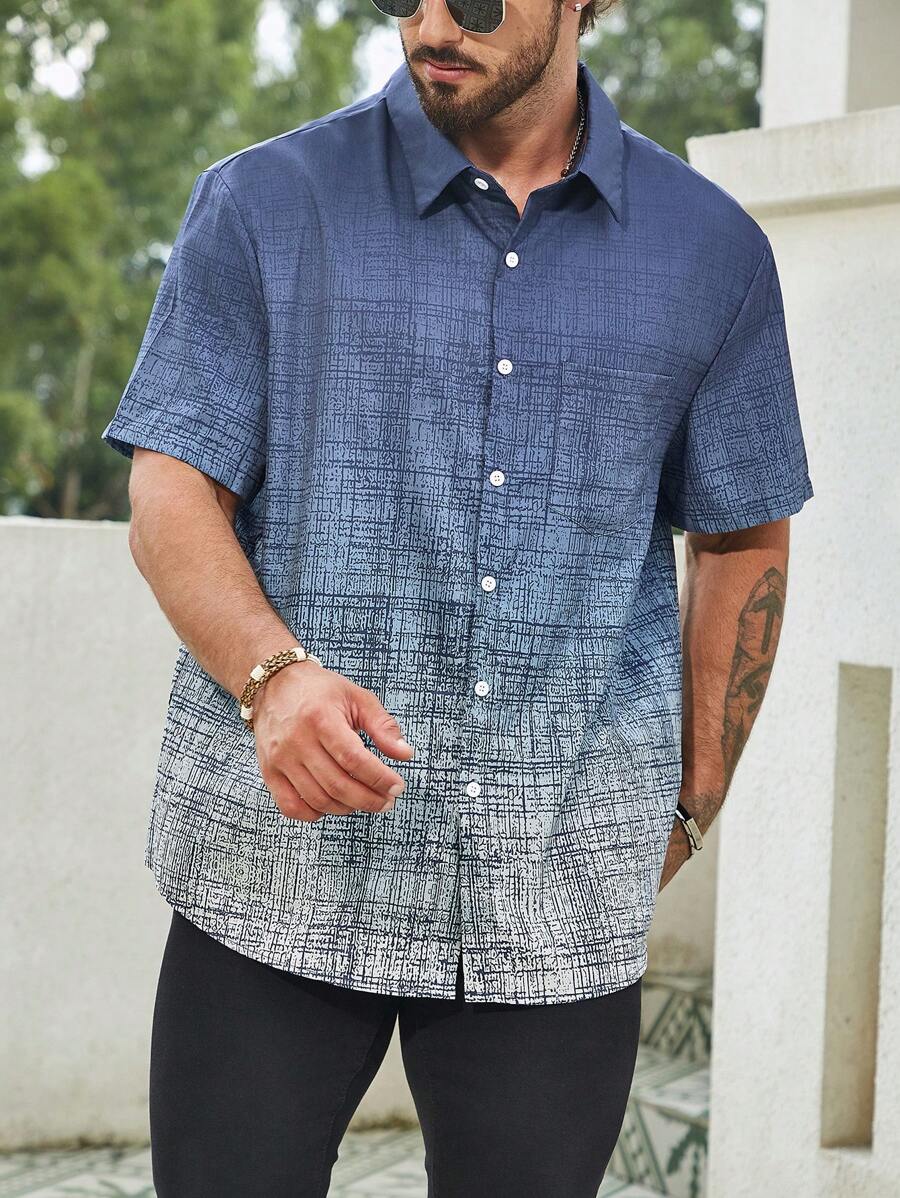 Manfinity Homme 男士加大渐变色短袖领扣衬衫 - 藍色 - 查看 1