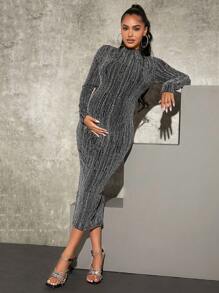 MaterniChic Maternity Mock Neck Glitter Bodycon Dress With Long Sleeve, For Party