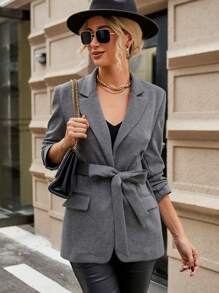 SHEIN BIZwear Tay áo cuộn Thắt lưng Áo vest - Màu Xám nhạt - Xem 1