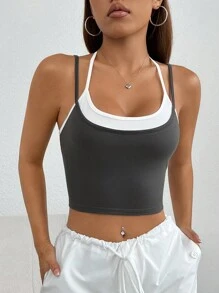 Muchica Khối màu 2 trong1 Cami ngọn - Xám - Xem 5