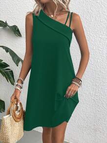 SHEIN VCAY Chất rắn Cổ không đối xứng Đầm - Màu xanh lá cây đậm - Xem 4