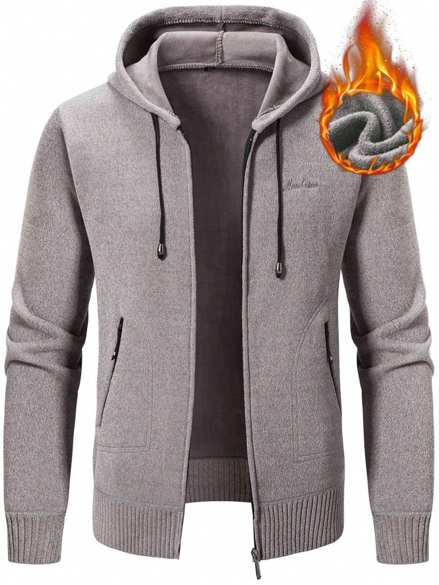Manfinity Homme Men Zip Up Drawstring Hooded Thermal Lined Cardigan Without Shirt - Grey - View 1