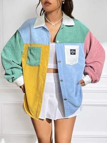 SHEIN EZwear Áo khoác nhung kẻ có túi kép chi tiết được vá bằng chữ Colorblock - Nhiều màu - Xem 4