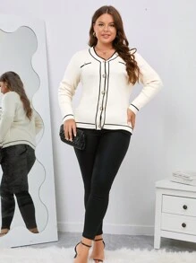 SHEIN Clasi 大碼條紋飾邊前紐扣開襟衫 - 白色 - 查看 5