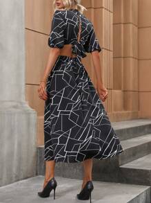 SHEIN Clasi 幾何印花腰部鏤空洋裝 - 黑與白 - 查看 2
