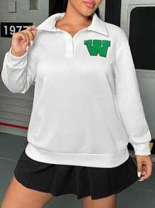 Flirla Plus Letter Patched Polo Neck Drop Shoulder Sweatshirt Pullover Fall Sweatshirt - White - View 1