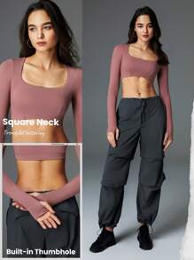 GLOWMODE 掐緊彈性純淨素面方領長袖極短時尚上衣,帶拇指孔 - 藕粉色 - 查看 4