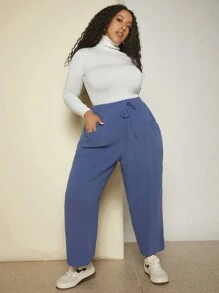 SHEIN CURVE+ 加腰繫帶闊腿褲 - 霧霾藍 - 查看 5