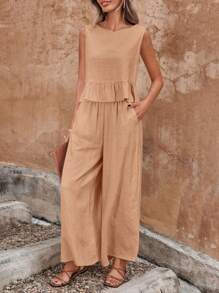 SHEIN Unity 後背鈕扣荷葉邊下擺上衣 & 闊腿褲 - 粉色 - 查看 6