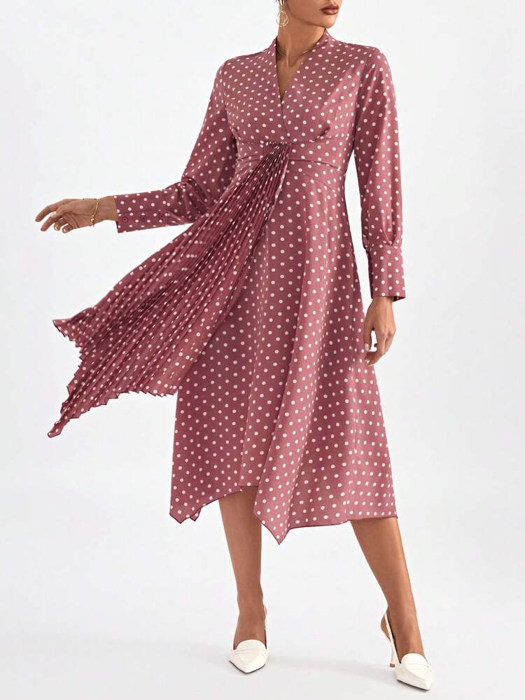 Polka Dot Print Asymmetrical Hem Belted Dress