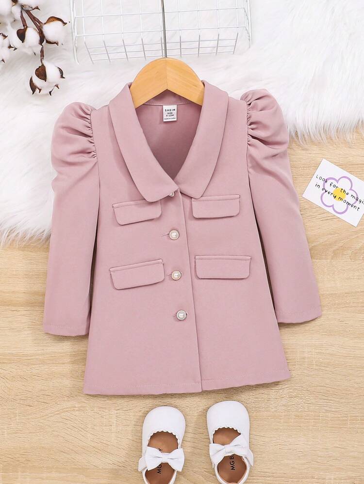 Baby Girl Puff Sleeve Flap Detail Button Front Dress