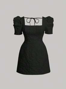 SHEIN MOD Plus Jacquard Square Neck Puff Sleeve Tie Backless Dress - Black - View 1