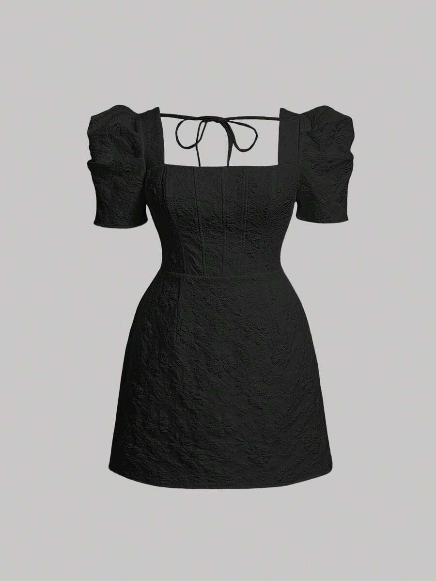 SHEIN MOD Plus Jacquard Square Neck Puff Sleeve Tie Backless Dress - Black - View 1