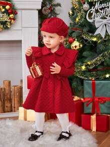 SHEIN Baby Girl Ruffle Trim Fold Pleated Coat & Hat For Christmas Mommy&Me Matching (3 Pieces Are Sold Separately) - Red - View 5