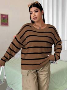 Flirla Hơn Mẫu sọc Thả vai Áo len - Cà phê nâu - Xem 3