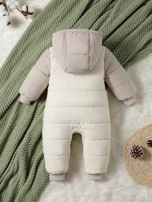男嬰撞色連帽前紐扣雙口袋連帽填充連身褲 - 彩色 - 查看 2
