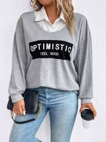 SHEIN LUNE 加大码字母图案落肩二合一卫衣套头衫秋季卫衣 - 灰色 - 查看 7