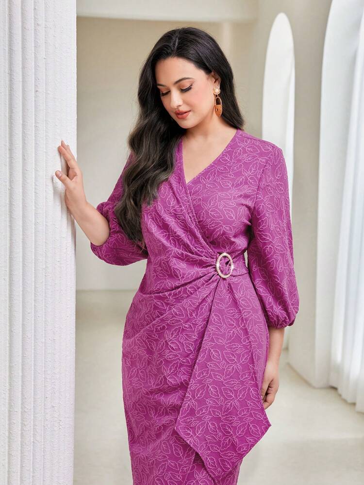 Plus Lantern Sleeve Wrap Knot Side Dress Long Evening Dresses