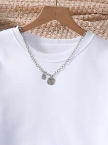 INAWLY Solid Thermal Lined Sweatshirt & Drawstring Waist Sweatpants - White - View 5